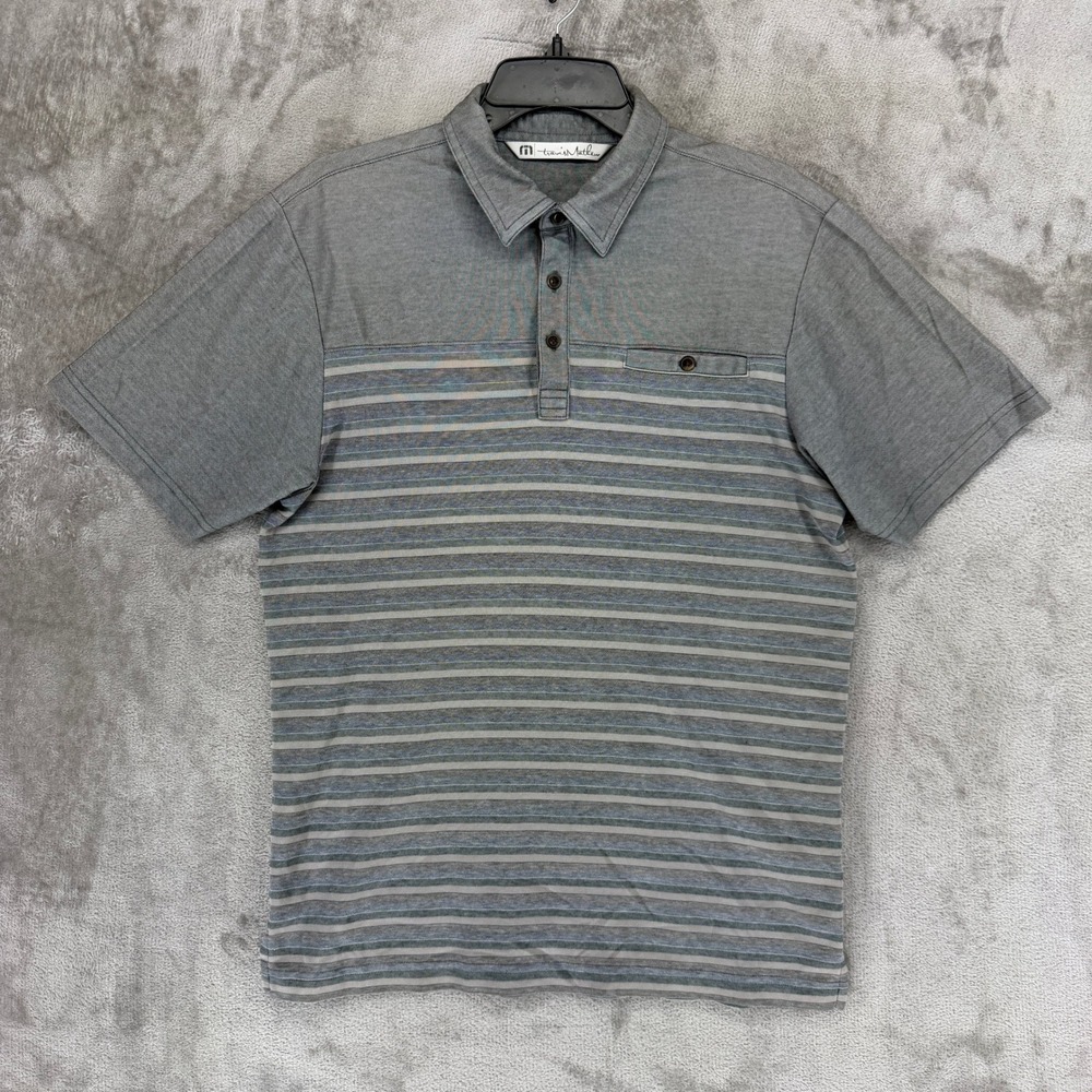 TravisMathew Polo Shirt Mens M Grey Striped Pima Cotton Blend EUC